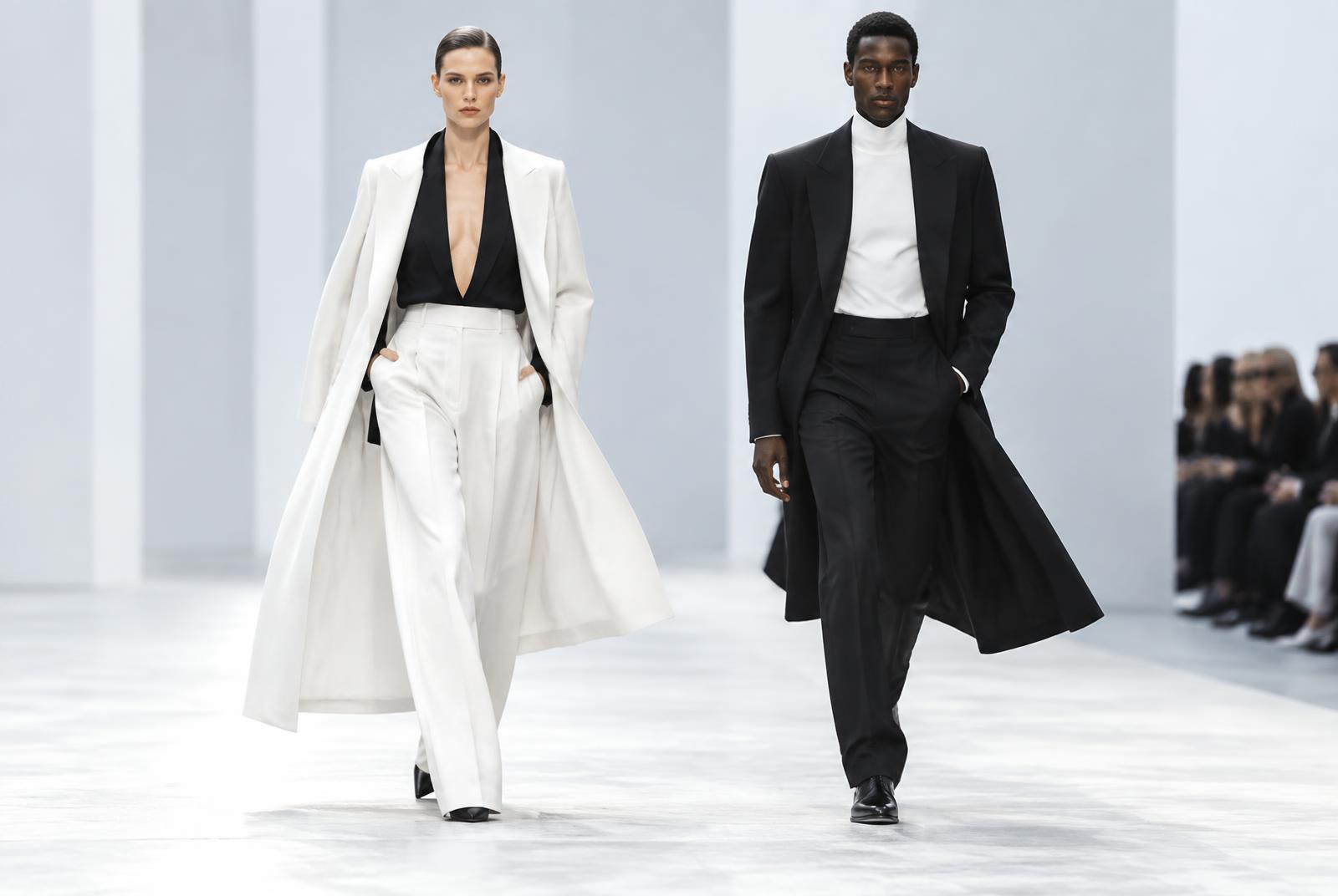 Two models wearing monochrome sculptural tailoring