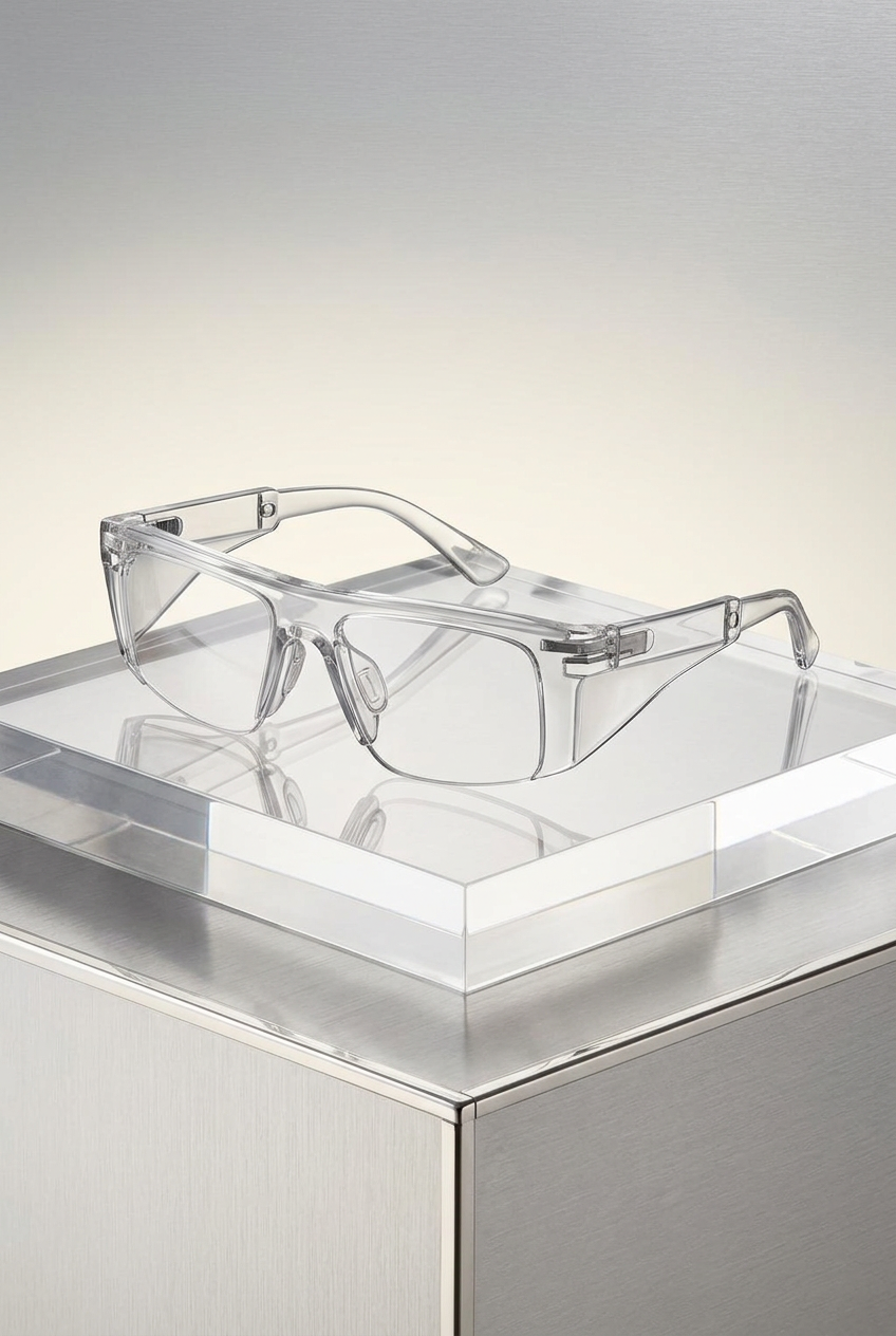 Transparent connected eyewear displayed as a fashion object